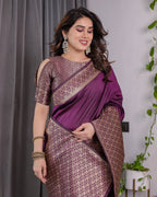 Plum Purple Pure Kanjivaram Silk Saree with Antique Gold Jacquard Pallu & Designer Blouse | 5.5m Saree + 0.8m Blouse Piece