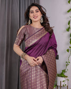 Plum Purple Pure Kanjivaram Silk Saree with Antique Gold Jacquard Pallu & Designer Blouse | 5.5m Saree + 0.8m Blouse Piece