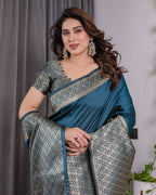 Teal Blue Pure Kanjivaram Silk Saree with Gold Woven Jacquard Border & Designer Blouse | 5.5m Saree + 0.8m Blouse Piece