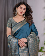 Teal Blue Pure Kanjivaram Silk Saree with Gold Woven Jacquard Border & Designer Blouse | 5.5m Saree + 0.8m Blouse Piece