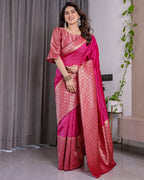 Pink Pure Kanjivaram Silk Saree with Gold Jacquard Border & Rich Woven Pallu | 5.5m Saree + 0.8m Designer Blouse Piece