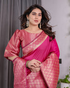 Pink Pure Kanjivaram Silk Saree with Gold Jacquard Border & Rich Woven Pallu | 5.5m Saree + 0.8m Designer Blouse Piece