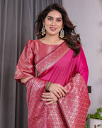 Pink Pure Kanjivaram Silk Saree with Gold Jacquard Border & Rich Woven Pallu | 5.5m Saree + 0.8m Designer Blouse Piece