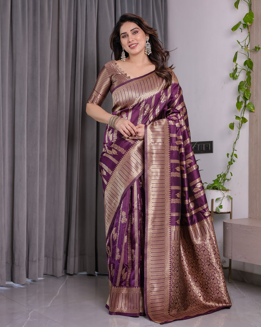 Majestic Purple Pure Kanjivaram Silk Saree with Gold Zari Striped Pallu & Traditional Brocade Border | 5.5m Saree + 0.8m Blouse