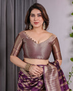 Majestic Purple Pure Kanjivaram Silk Saree with Gold Zari Striped Pallu & Traditional Brocade Border | 5.5m Saree + 0.8m Blouse
