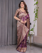 Majestic Purple Pure Kanjivaram Silk Saree with Gold Zari Striped Pallu & Traditional Brocade Border | 5.5m Saree + 0.8m Blouse