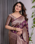 Majestic Purple Pure Kanjivaram Silk Saree with Gold Zari Striped Pallu & Traditional Brocade Border | 5.5m Saree + 0.8m Blouse