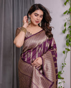 Majestic Purple Pure Kanjivaram Silk Saree with Gold Zari Striped Pallu & Traditional Brocade Border | 5.5m Saree + 0.8m Blouse
