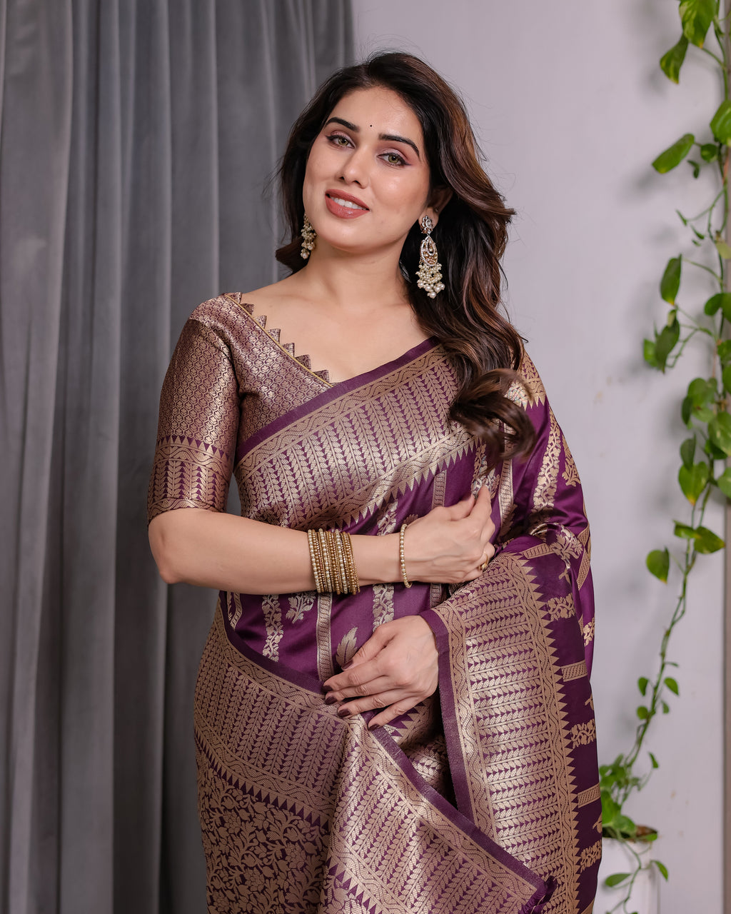 Majestic Purple Pure Kanjivaram Silk Saree with Gold Zari Striped Pallu & Traditional Brocade Border | 5.5m Saree + 0.8m Blouse