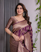 Majestic Purple Pure Kanjivaram Silk Saree with Gold Zari Striped Pallu & Traditional Brocade Border | 5.5m Saree + 0.8m Blouse