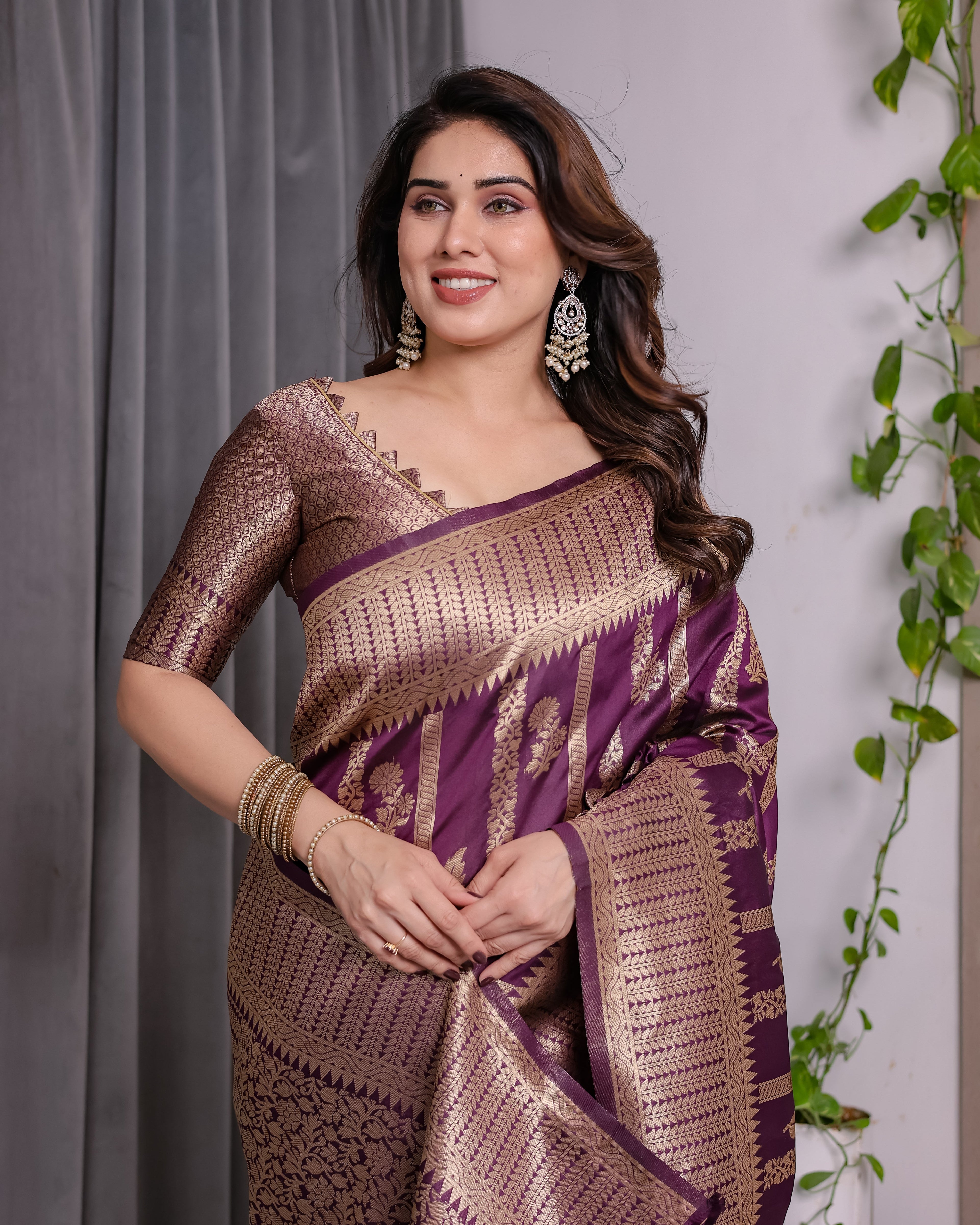 Majestic Purple Pure Kanjivaram Silk Saree with Gold Zari Striped Pallu & Traditional Brocade Border | 5.5m Saree + 0.8m Blouse