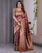 Maroon Pure Kanjivaram Silk Saree with Gold Zari Striped Floral Pallu & Broad Border | 5.5m Saree + 0.8m Jacquard Blouse Piece