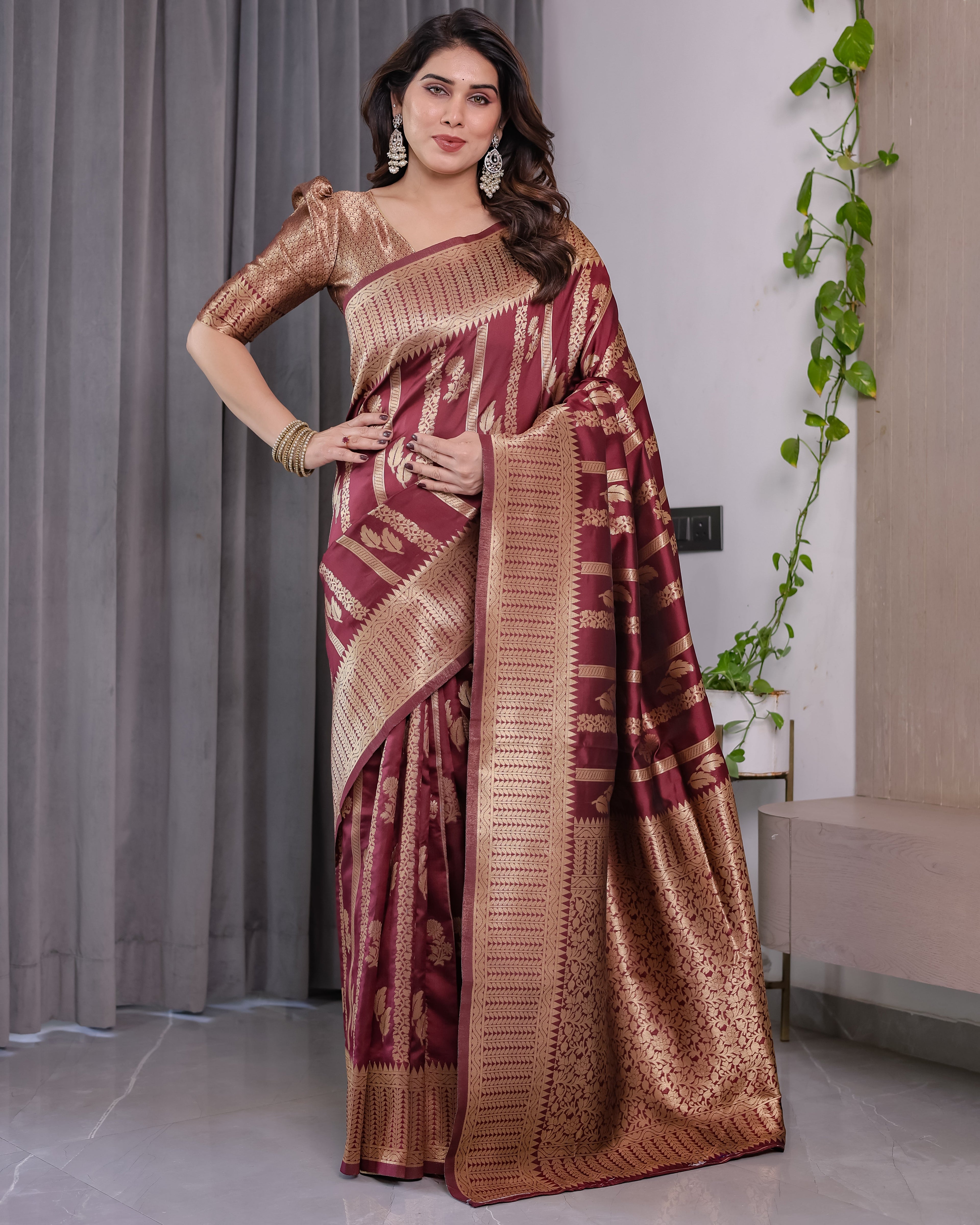 Maroon Pure Kanjivaram Silk Saree with Gold Zari Striped Floral Pallu & Broad Border | 5.5m Saree + 0.8m Jacquard Blouse Piece
