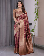Maroon Pure Kanjivaram Silk Saree with Gold Zari Striped Floral Pallu & Broad Border | 5.5m Saree + 0.8m Jacquard Blouse Piece