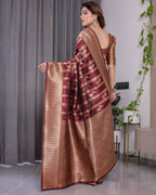 Maroon Pure Kanjivaram Silk Saree with Gold Zari Striped Floral Pallu & Broad Border | 5.5m Saree + 0.8m Jacquard Blouse Piece