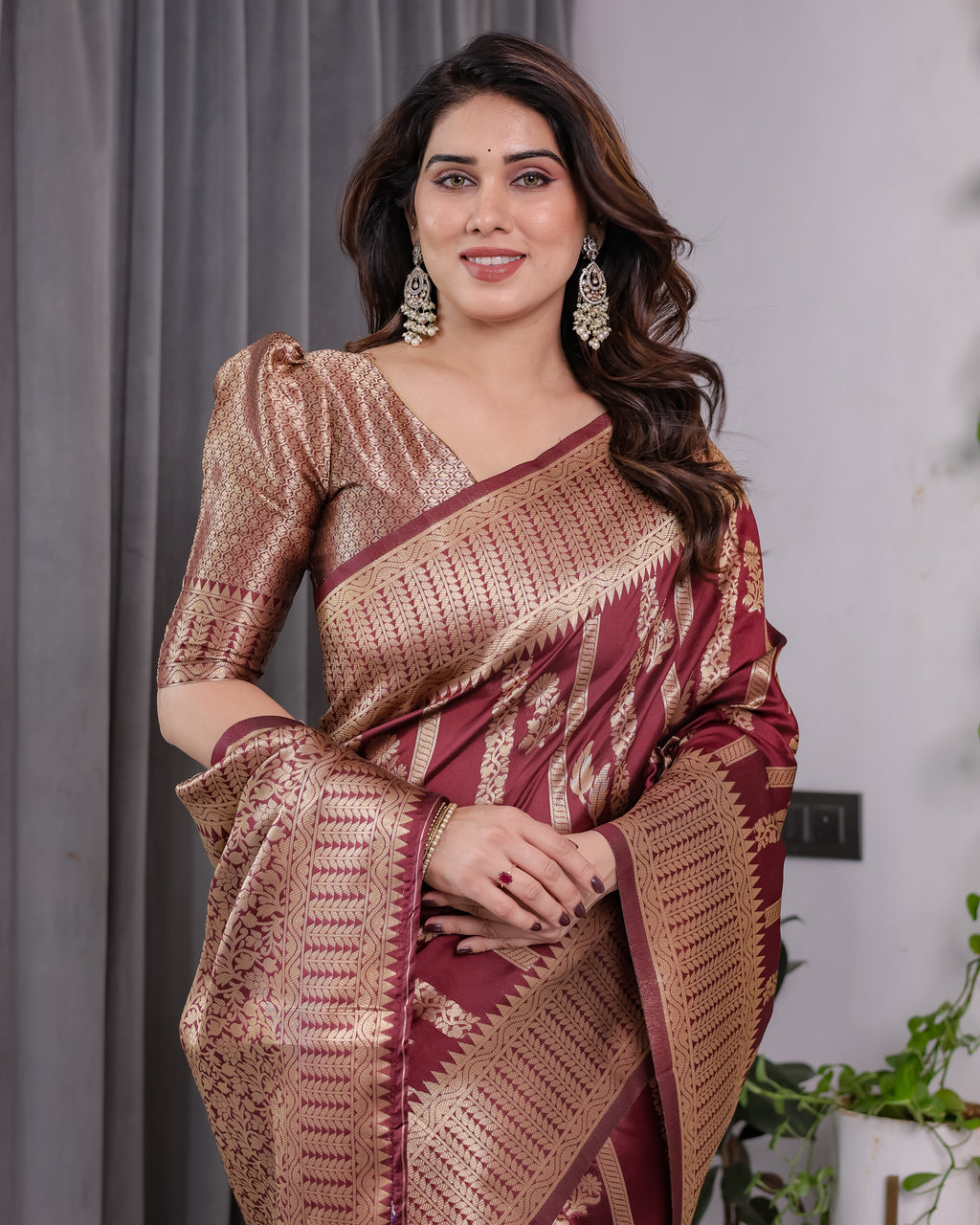 Maroon Pure Kanjivaram Silk Saree with Gold Zari Striped Floral Pallu & Broad Border | 5.5m Saree + 0.8m Jacquard Blouse Piece