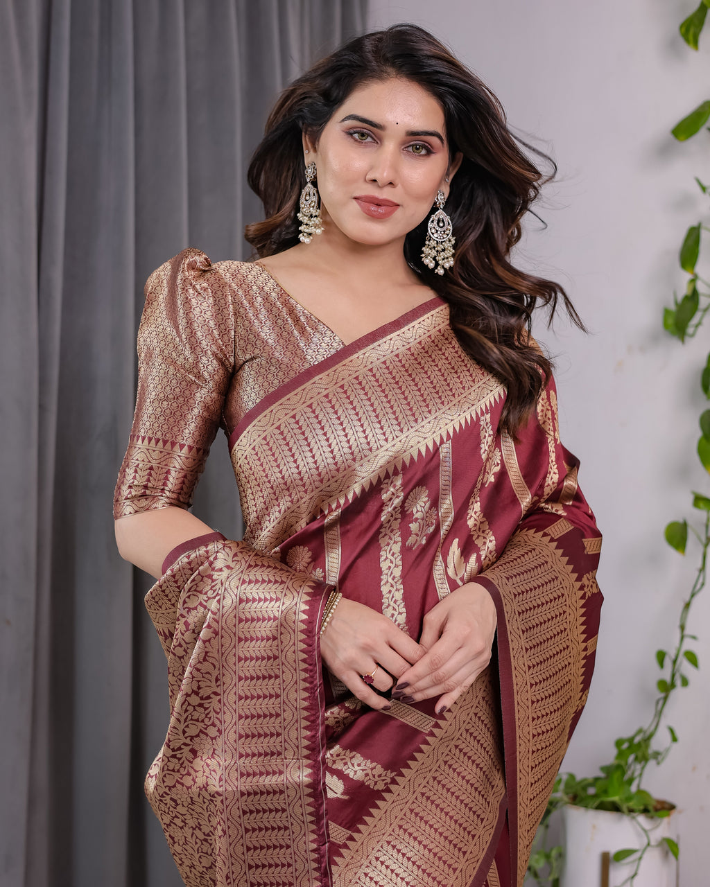Maroon Pure Kanjivaram Silk Saree with Gold Zari Striped Floral Pallu & Broad Border | 5.5m Saree + 0.8m Jacquard Blouse Piece