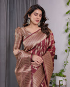 Maroon Pure Kanjivaram Silk Saree with Gold Zari Striped Floral Pallu & Broad Border | 5.5m Saree + 0.8m Jacquard Blouse Piece
