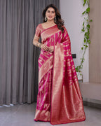 Pink Pure Kanjivaram Silk Saree with Golden Zari Striped Pallu & Floral Woven Border | 5.5m Saree + 0.8m Jacquard Blouse Piece