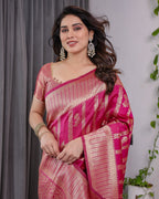 Pink Pure Kanjivaram Silk Saree with Golden Zari Striped Pallu & Floral Woven Border | 5.5m Saree + 0.8m Jacquard Blouse Piece