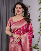 Pink Pure Kanjivaram Silk Saree with Golden Zari Striped Pallu & Floral Woven Border | 5.5m Saree + 0.8m Jacquard Blouse Piece