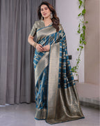 Teal Blue Pure Kanjivaram Silk Saree with Gold Zari Striped Pallu & Intricate Floral Weave | 5.5m Saree + 0.8m Brocade Blouse