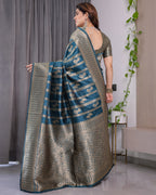 Teal Blue Pure Kanjivaram Silk Saree with Gold Zari Striped Pallu & Intricate Floral Weave | 5.5m Saree + 0.8m Brocade Blouse