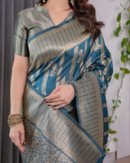 Teal Blue Pure Kanjivaram Silk Saree with Gold Zari Striped Pallu & Intricate Floral Weave | 5.5m Saree + 0.8m Brocade Blouse