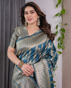 Teal Blue Pure Kanjivaram Silk Saree with Gold Zari Striped Pallu & Intricate Floral Weave | 5.5m Saree + 0.8m Brocade Blouse