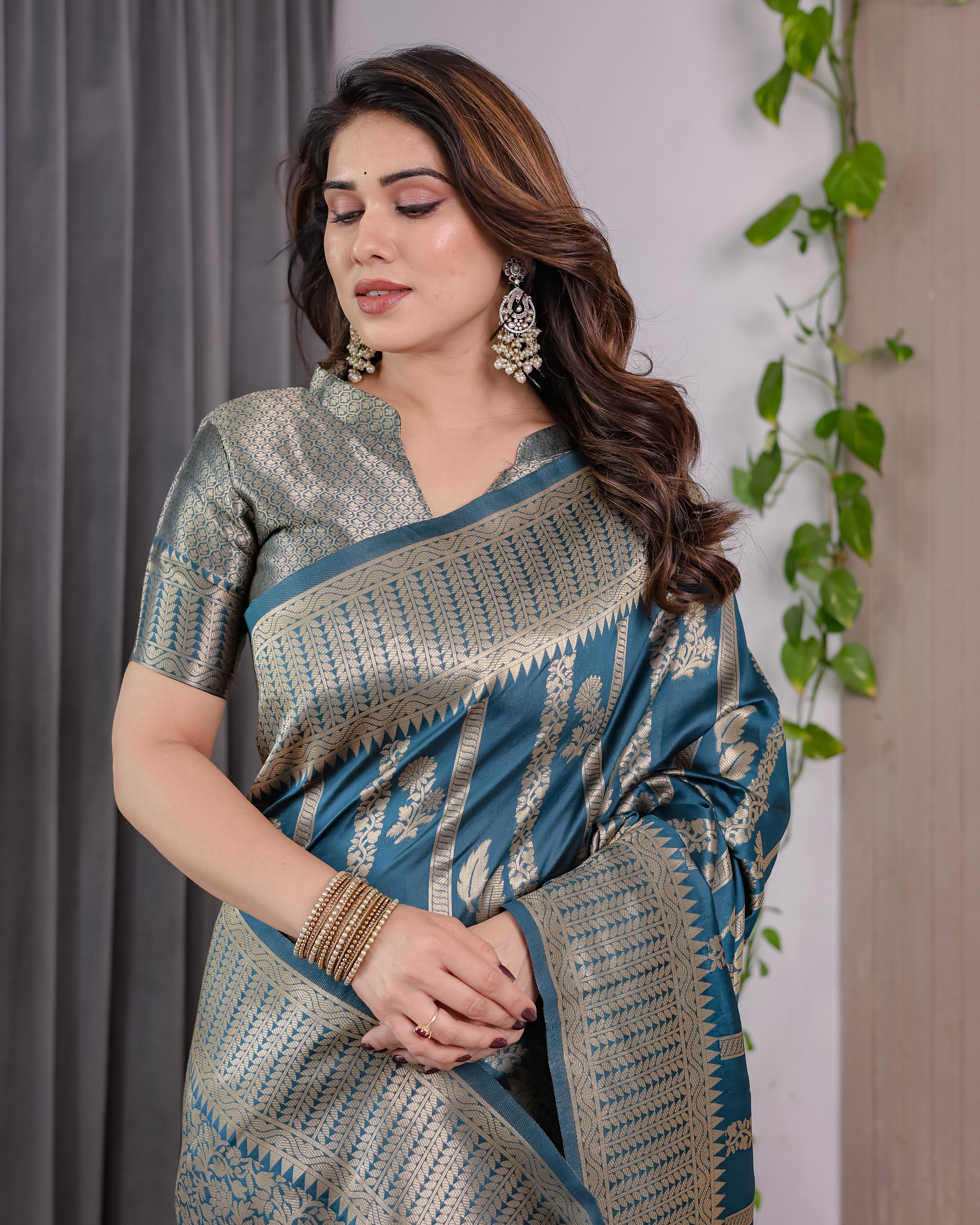 Teal Blue Pure Kanjivaram Silk Saree with Gold Zari Striped Pallu & Intricate Floral Weave | 5.5m Saree + 0.8m Brocade Blouse