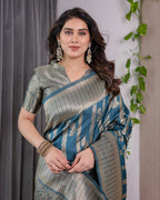Teal Blue Pure Kanjivaram Silk Saree with Gold Zari Striped Pallu & Intricate Floral Weave | 5.5m Saree + 0.8m Brocade Blouse