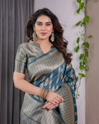 Teal Blue Pure Kanjivaram Silk Saree with Gold Zari Striped Pallu & Intricate Floral Weave | 5.5m Saree + 0.8m Brocade Blouse
