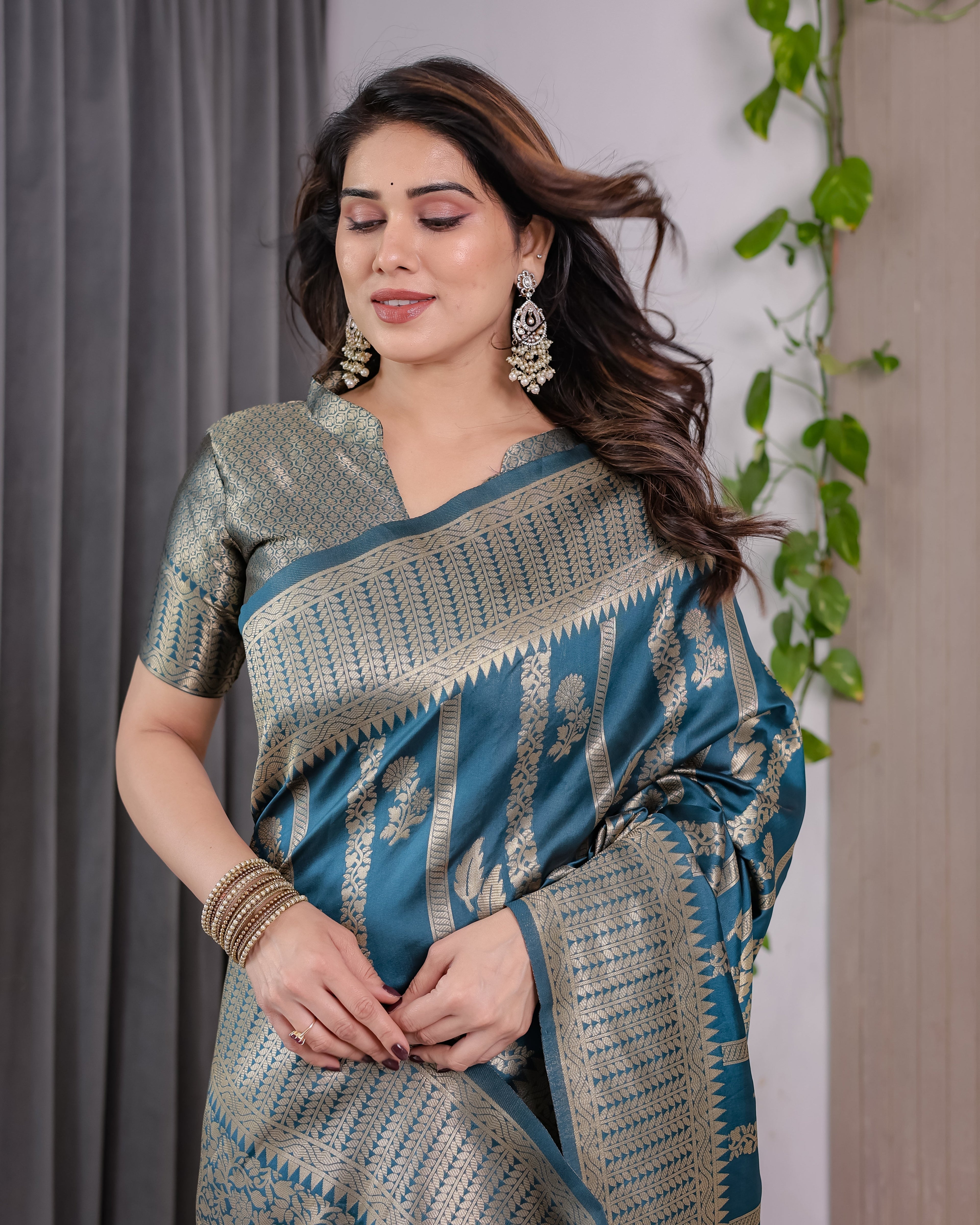 Teal Blue Pure Kanjivaram Silk Saree with Gold Zari Striped Pallu & Intricate Floral Weave | 5.5m Saree + 0.8m Brocade Blouse