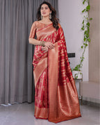 Classic Red Pure Kanjivaram Silk Saree with Rich Zari Floral Striped Pallu & Brocade Border | 5.5m Saree + 0.8m Blouse Piece