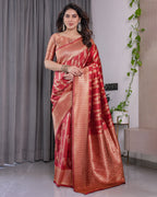 Classic Red Pure Kanjivaram Silk Saree with Rich Zari Floral Striped Pallu & Brocade Border | 5.5m Saree + 0.8m Blouse Piece