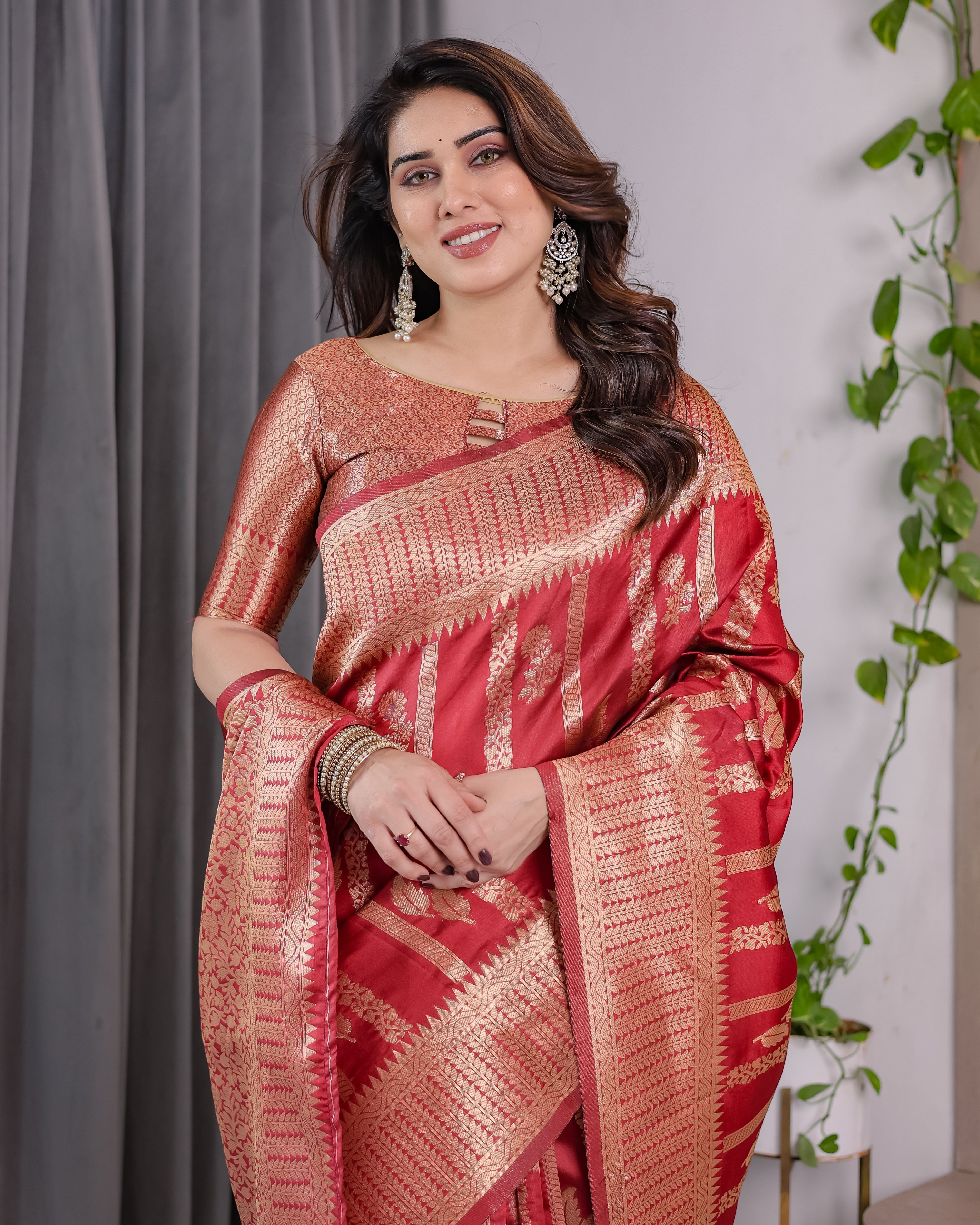 Classic Red Pure Kanjivaram Silk Saree with Rich Zari Floral Striped Pallu & Brocade Border | 5.5m Saree + 0.8m Blouse Piece