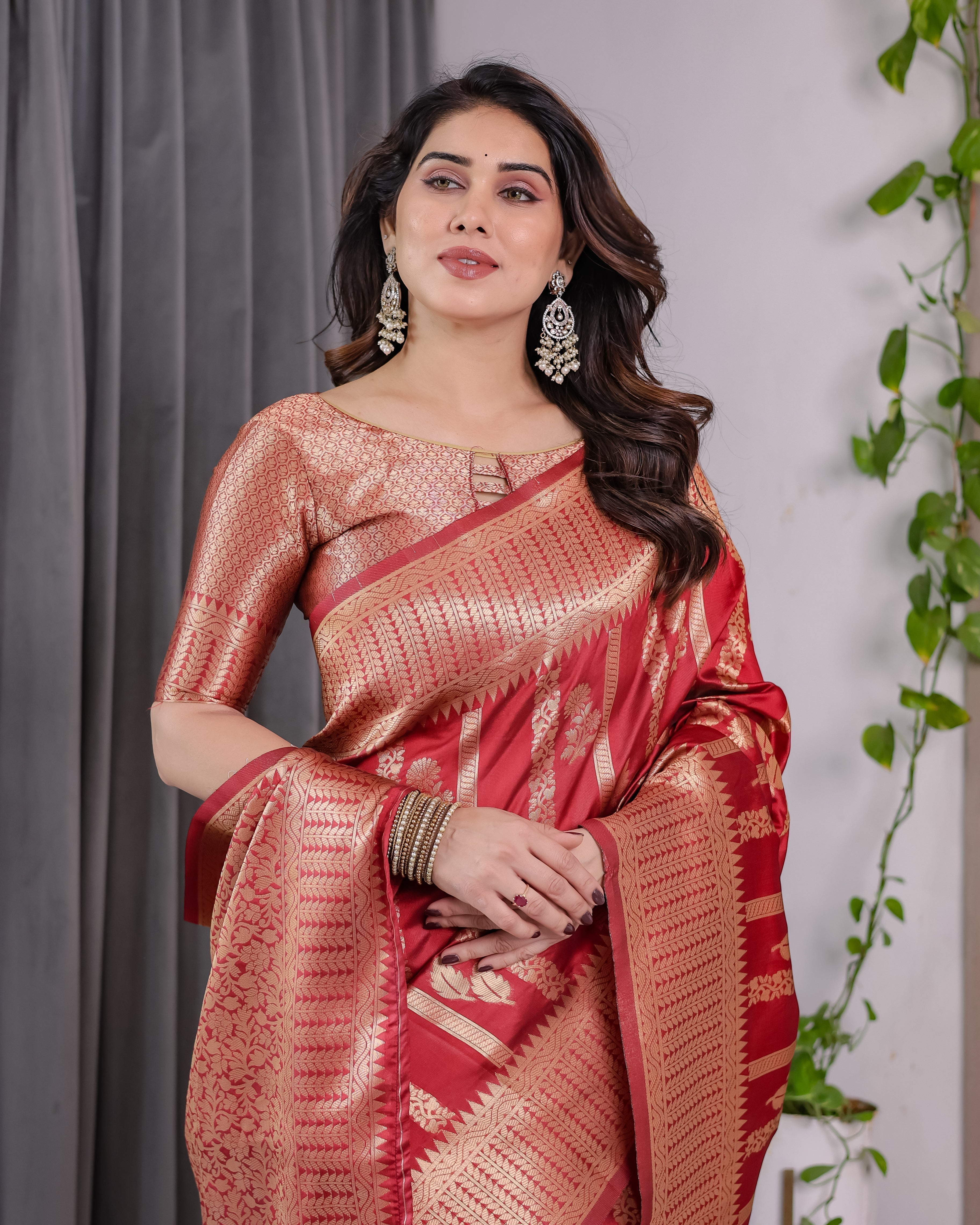 Classic Red Pure Kanjivaram Silk Saree with Rich Zari Floral Striped Pallu & Brocade Border | 5.5m Saree + 0.8m Blouse Piece