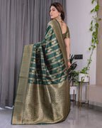 Forest Green Pure Kanjivaram Silk Saree with Gold Striped Floral Pallu & Heavy Zari Border | 5.5m Saree + 0.8m Jacquard Blouse Piece