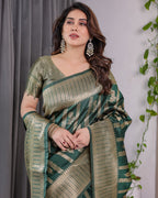 Forest Green Pure Kanjivaram Silk Saree with Gold Striped Floral Pallu & Heavy Zari Border | 5.5m Saree + 0.8m Jacquard Blouse Piece
