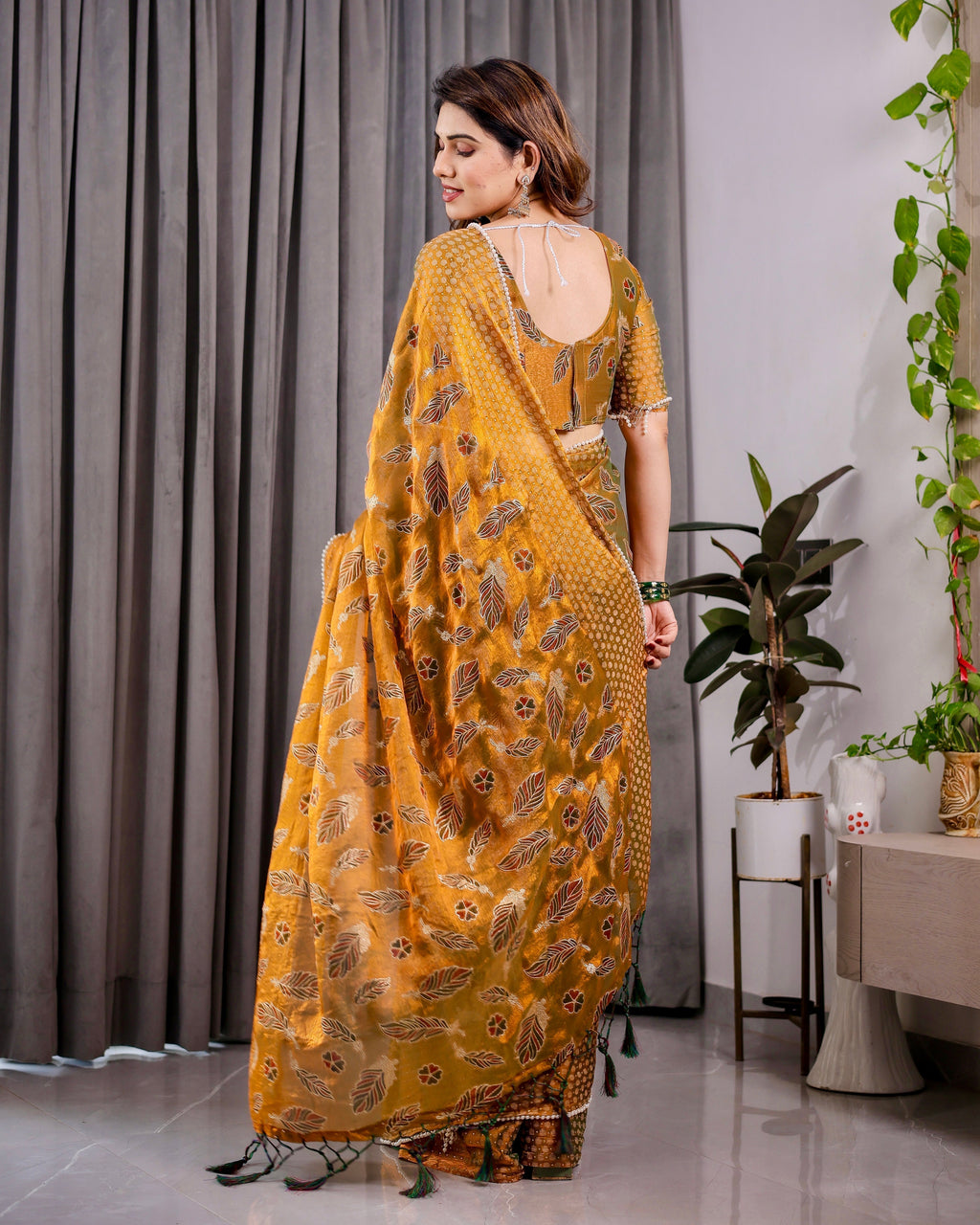 Mustard Yellow Fendy Chiffon Saree with Foil & Block Print, Tassels, and Attached Blouse