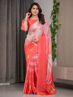 Coral Red & Blush Pink Heart Printed Satin Georgette Saree with Romantic Couple Pallu and Attached Heart Print Blouse – 5.5 Meter Designer Saree for Valentine’s Day & Anniversary Wear