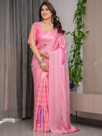 Soft Blush Pink Satin Georgette Saree with Abstract Stripe Texture, Heart Motifs and Attached Pink Checkered Blouse – 5.5 Meter Romantic Designer Saree for Valentine’s Day & Anniversary Wear