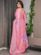 Soft Blush Pink Satin Georgette Saree with Abstract Stripe Texture, Heart Motifs and Attached Pink Checkered Blouse – 5.5 Meter Romantic Designer Saree for Valentine’s Day & Anniversary Wear