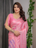 Soft Blush Pink Satin Georgette Saree with Abstract Stripe Texture, Heart Motifs and Attached Pink Checkered Blouse – 5.5 Meter Romantic Designer Saree for Valentine’s Day & Anniversary Wear
