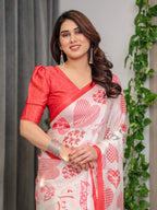 Ivory Pink & Red Love-Themed Satin Georgette Saree with Heart Prints and Romantic Pallu | Attached Blouse