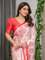 Ivory Pink & Red Love-Themed Satin Georgette Saree with Heart Prints and Romantic Pallu | Attached Blouse