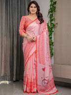 Blush Pink Satin Georgette Saree with Romantic Couple Illustration Pallu, Love Typography and Attached Red Checkered Blouse – 5.5 Meter Designer Saree for Valentine’s Day & Anniversary Wear