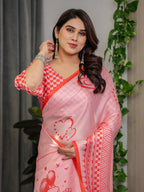 Blush Pink Satin Georgette Saree with Romantic Couple Illustration Pallu, Love Typography and Attached Red Checkered Blouse – 5.5 Meter Designer Saree for Valentine’s Day & Anniversary Wear