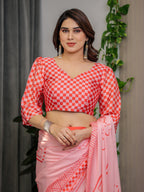 Blush Pink Satin Georgette Saree with Romantic Couple Illustration Pallu, Love Typography and Attached Red Checkered Blouse – 5.5 Meter Designer Saree for Valentine’s Day & Anniversary Wear