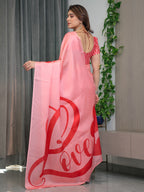 Blush Pink Satin Georgette Saree with Bold Red Heart & Love Typography Pallu and Attached Coral Red Geometric Blouse – 5.5 Meter Romantic Designer Saree for Valentine’s Day & Anniversary Wear